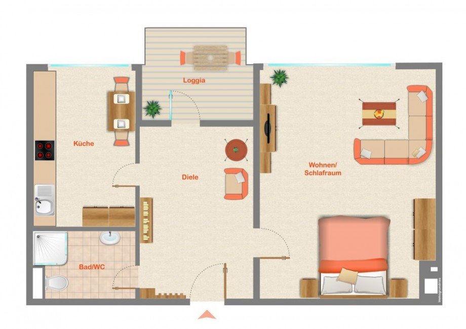 Grundriss mit M�blierungsbeispiel Etagenwohnung Langenhagen
